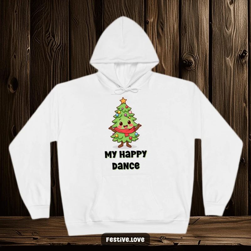 Funny Hoodie: A kawaii Christmas tree character does a delightful festive wiggle, offering warmth and holiday humor.