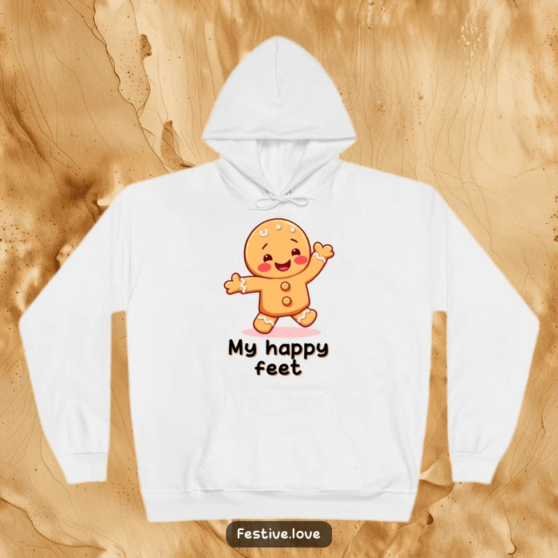 Funny hoodie design of a happy gingerbread cookie character performing an enthusiastic jig with icing sprinkles flying.