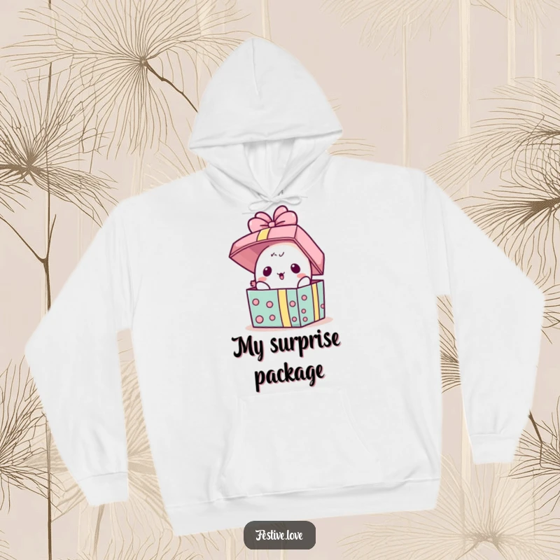 Funny Hoodie: A kawaii present character pops its lid open in surprise, offering cozy comfort and humorous charm.