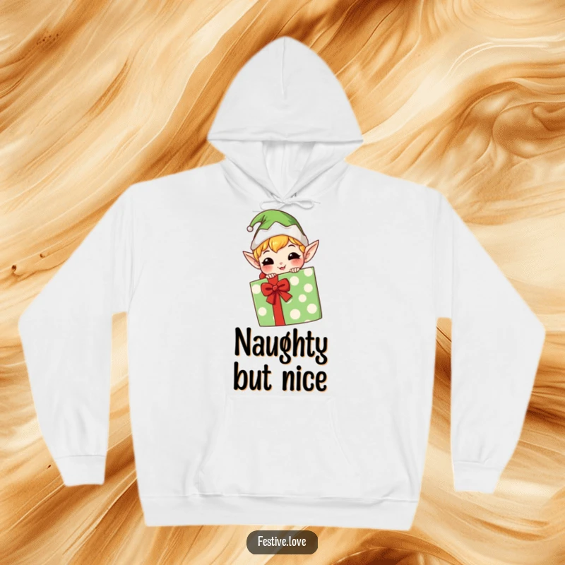 Funny kawaii elf hoodie, mischievous grin, hiding behind a large gift, cozy and humorous winter apparel.