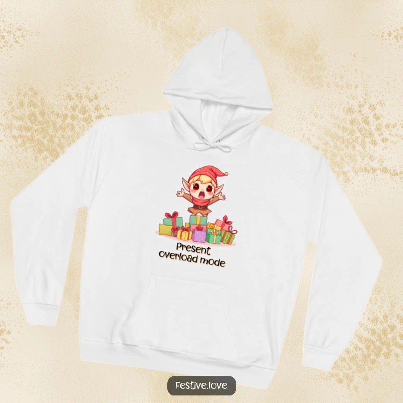 Funny hoodie featuring a shocked elf character mid-air, jumping with glee behind a huge stack of festive presents.
