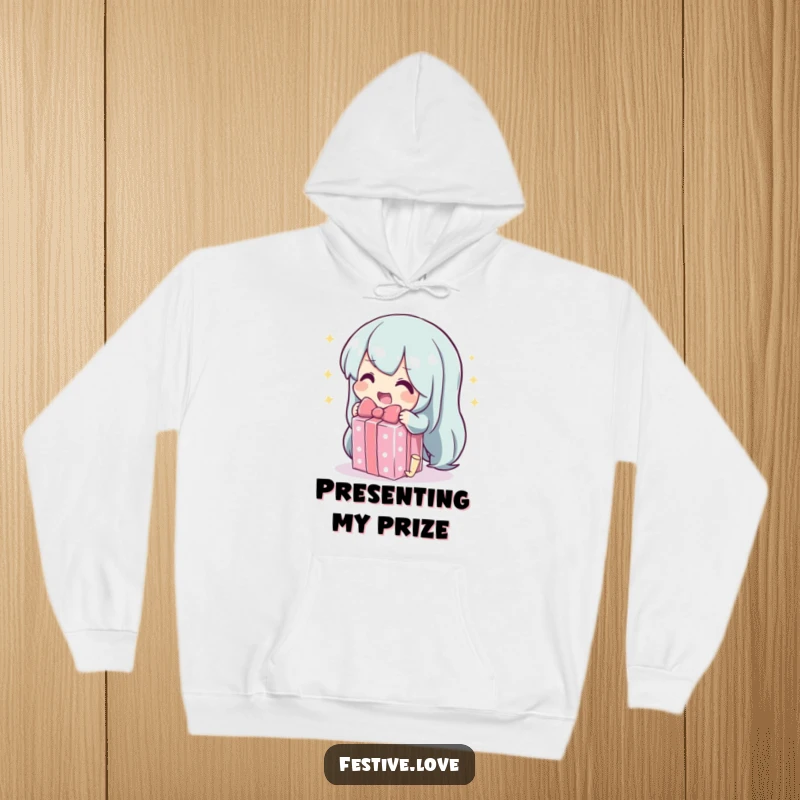 Funny hoodie with a character happily unwrapping a sparkling gift, symbolizing joy and comfort, a warm gift.