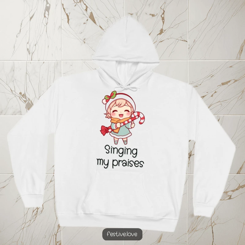 Funny hoodie showcasing a merry character singing carols, a candy cane in hand, radiating festive and humorous vibes.