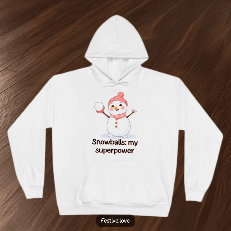 Funny hoodie with a cute snowman character gleefully throwing a snowball, offering warmth and a dose of winter humor.