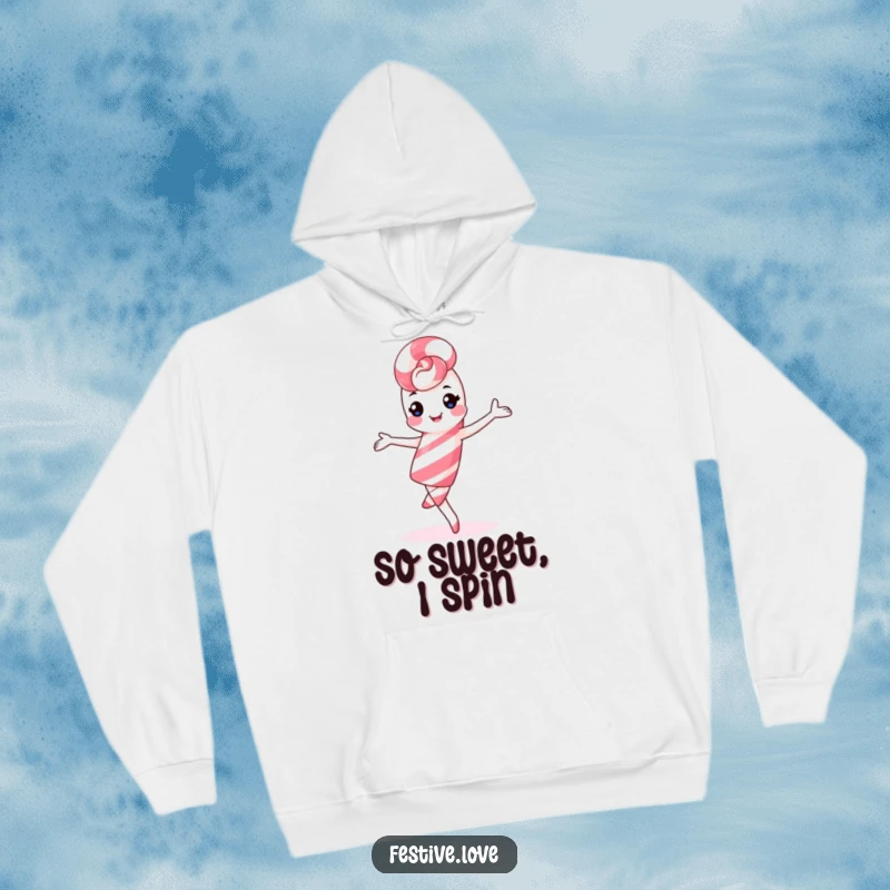 Funny kawaii candy cane hoodie, playful pirouette, warm and cozy holiday wear.