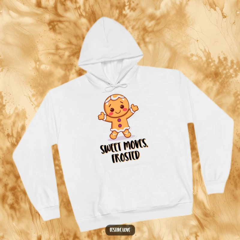 Funny gingerbread man hoodie featuring a smiling character dancing with frosting accents, perfect for staying warm and cozy.