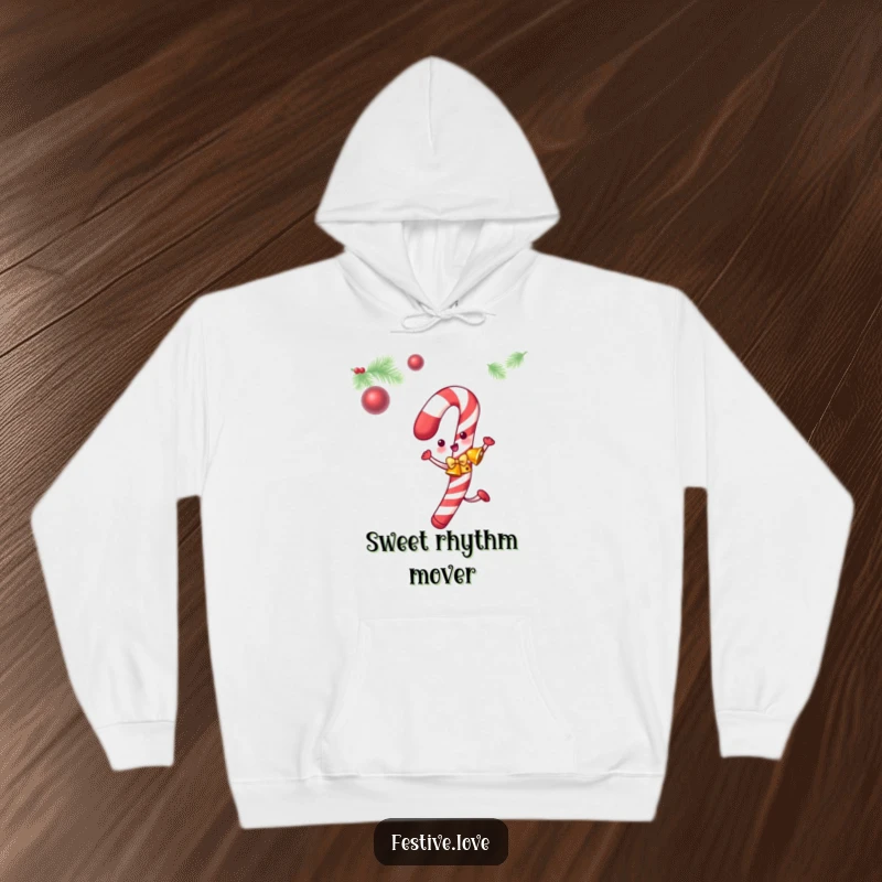 Funny candy cane hoodie featuring a dancing candy cane with jingle bells, perfect for cozy holiday vibes.