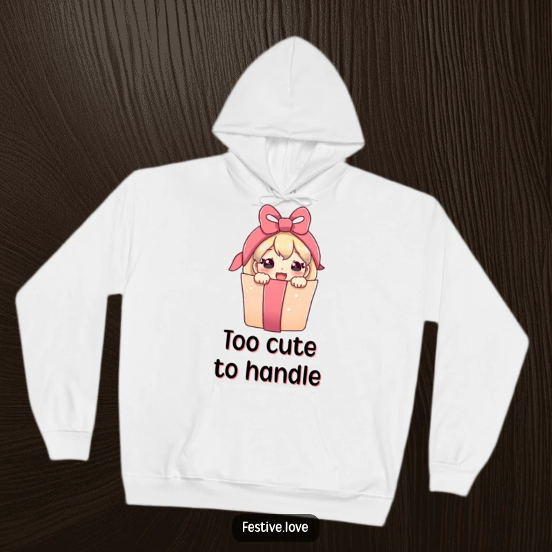 Funny hoodie depicting a cute, smiling present character peeking out from a festive ribbon, offering comfort and joy.