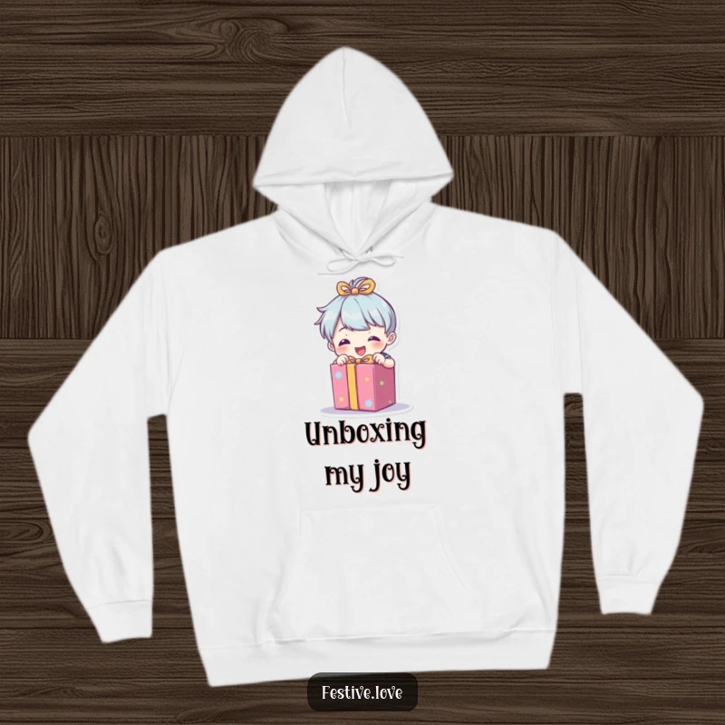 Funny hoodie with a little character enthusiastically unwrapping a brightly colored present, perfect for cozy and festive wear.