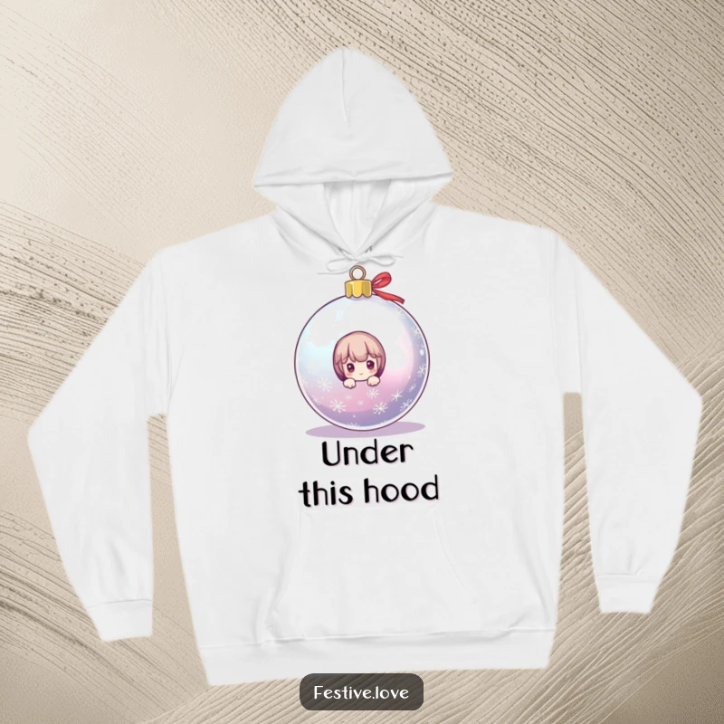 Funny, cozy hoodie with a cute character peeking stealthily from behind a large, radiant Christmas ornament, perfect for holiday lounging and laughter.