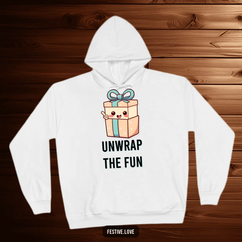 Funny Hoodie: A gift box character with a happy exclamation point, radiating warmth and surprise.