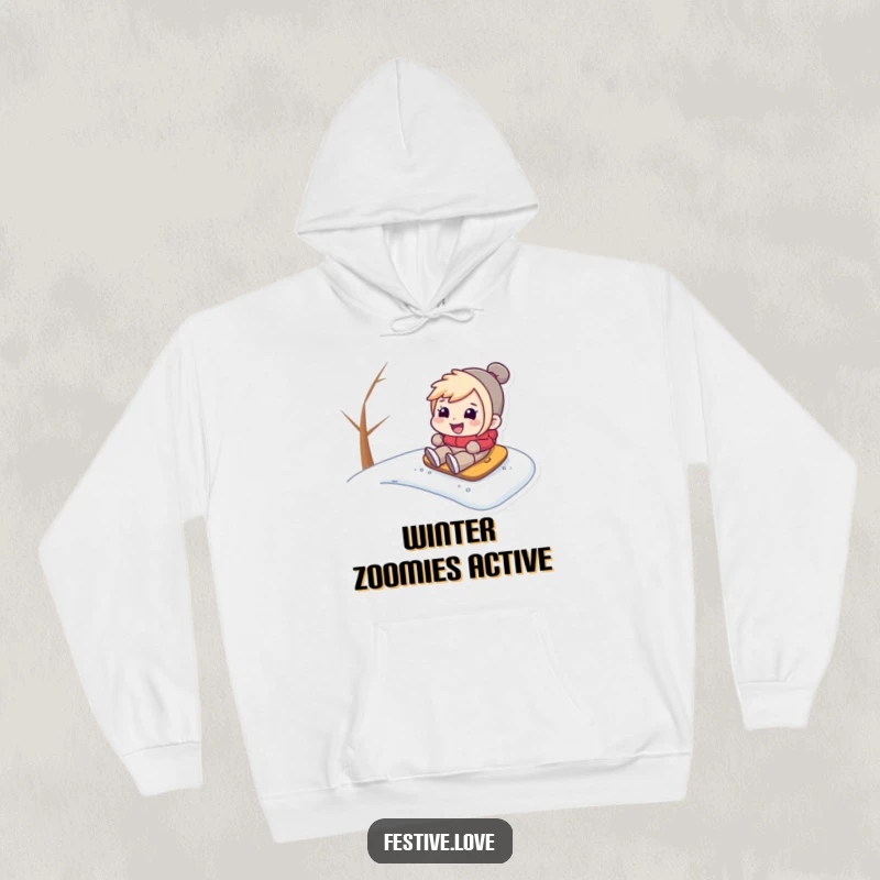 Funny hoodie featuring a character joyfully sledding down a snowy slope, radiating pure winter happiness and a sense of playful abandon.