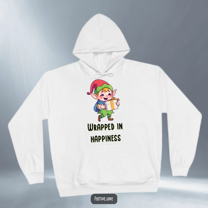Funny jolly elf hoodie featuring a happy cartoon elf character delivering a gift with a big grin, perfect for cozy holiday comfort.