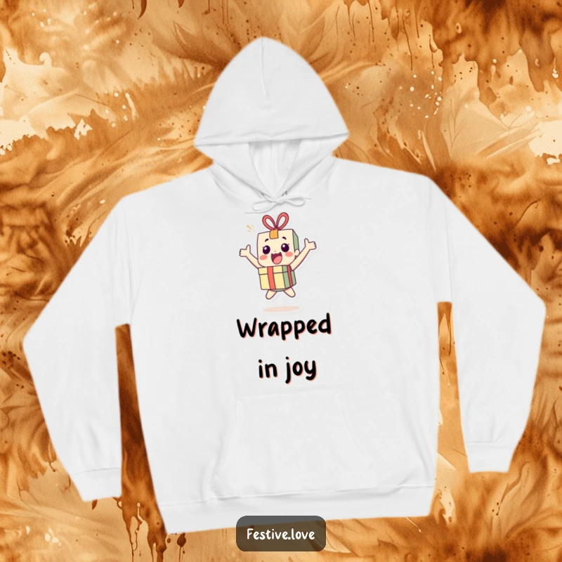 Funny little present character hoodie bouncing with joy, offering cozy comfort and radiating vibrant, excited energy. Feel the celebration.