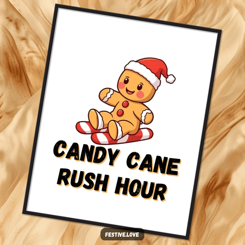Funny Free Printable Wall Art: Gingerbread man in Santa hat slides down a candy cane, bringing festive cheer.