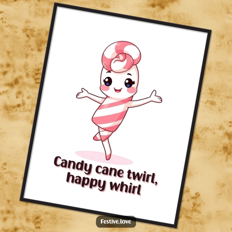 Funny Free Printable Wall Art: A kawaii candy cane character in a cheerful pirouette, adding a dash of sweet fun to decor.