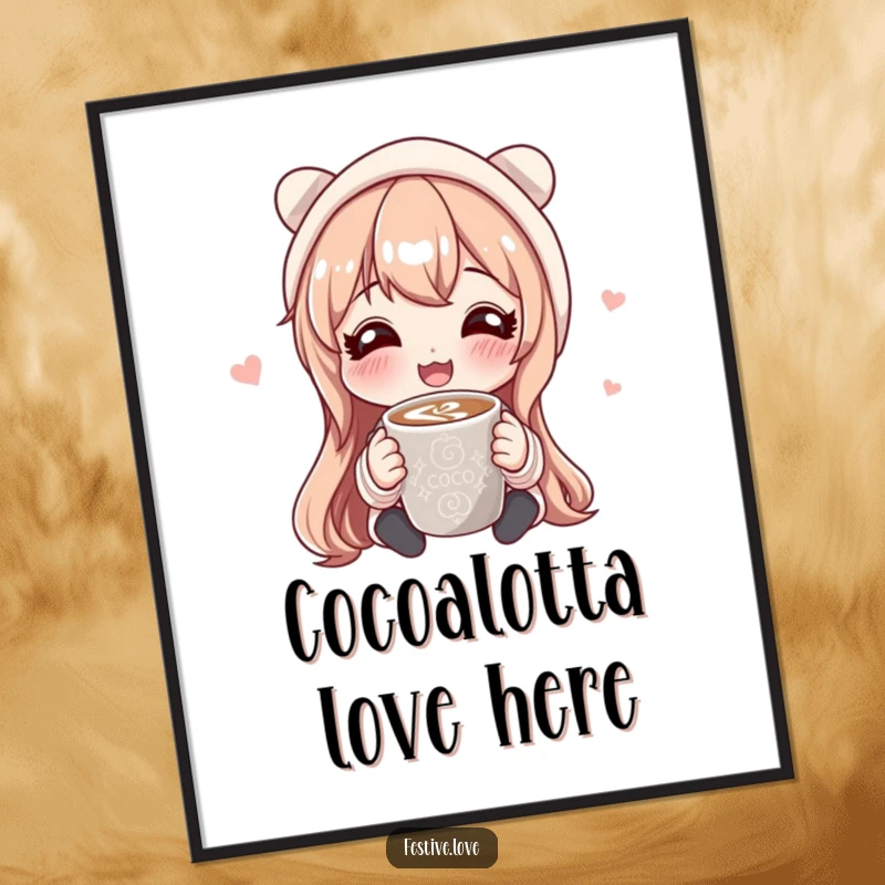 Funny free printable wall art of a character with a joyful smile sharing a steaming mug of hot cocoa, embodying cozy happiness.