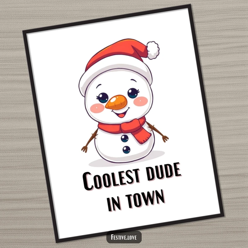 Funny Free Printable Wall Art: Jolly snowman character with carrot nose brightly glowing, illuminating winter night.