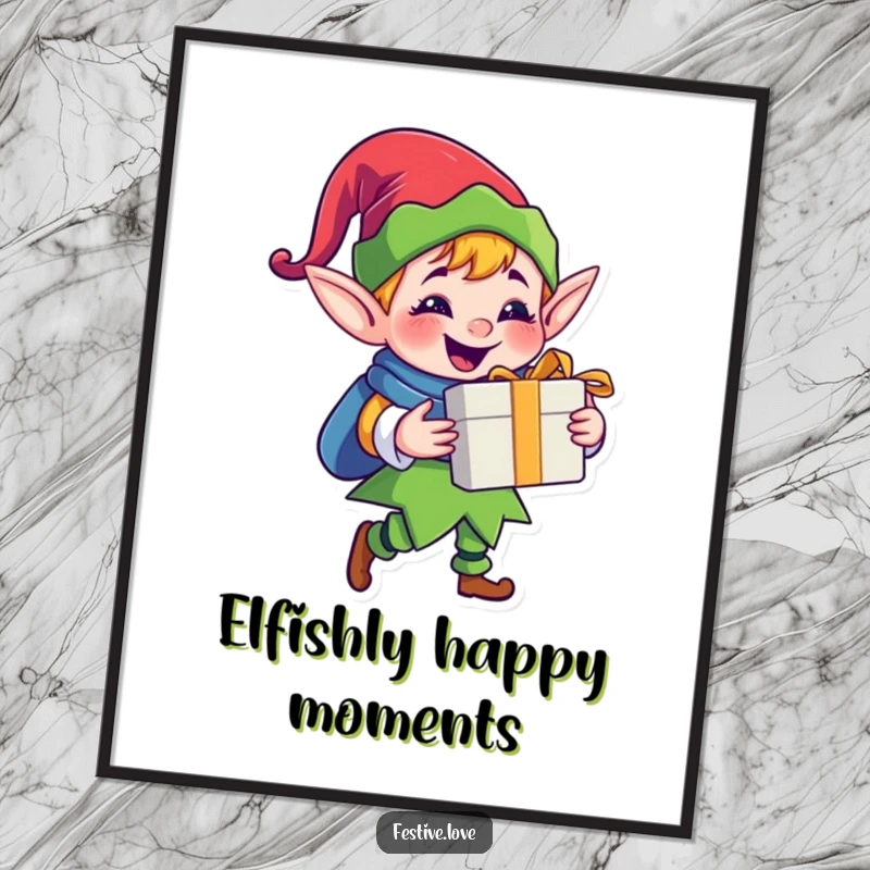 Funny Free Printable Wall Art: A jolly elf with a wide grin excitedly delivers a wrapped gift, spreading cheer.