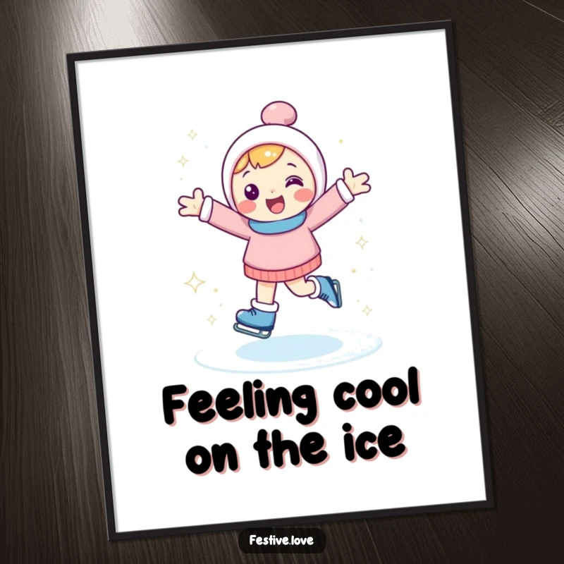 Funny free printable wall art: Happy character ice skating with arms outstretched, kicking up sparkly ice with pure delight.