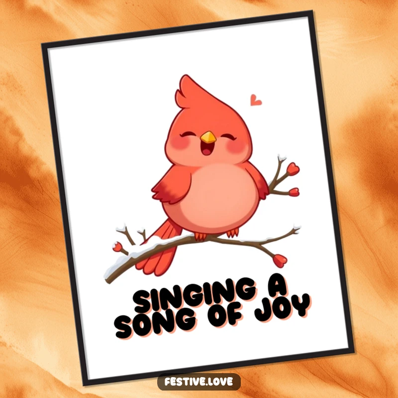 Funny Free Printable Cardinal Wall Art: A plump, red cardinal singing with pure joy on a branch dusted with snow.