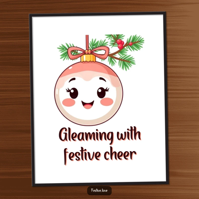Funny Free Printable Ornament Wall Art: A smiling ornament character with a cheerful expression, hanging festively from a garland.