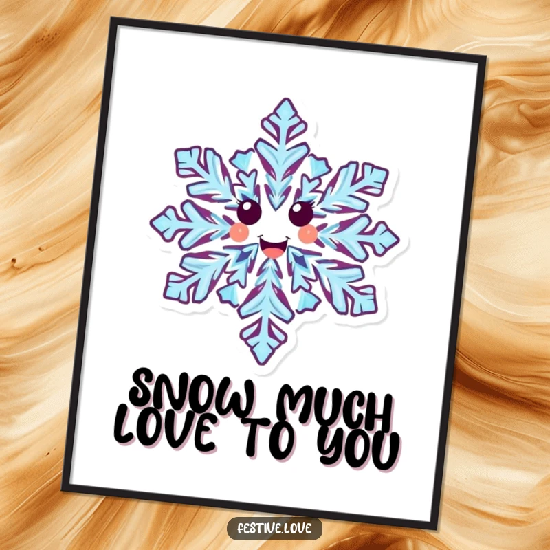 Funny Free Printable Snowflake Wall Art: A happy, intricately patterned snowflake character spinning with pure joy.