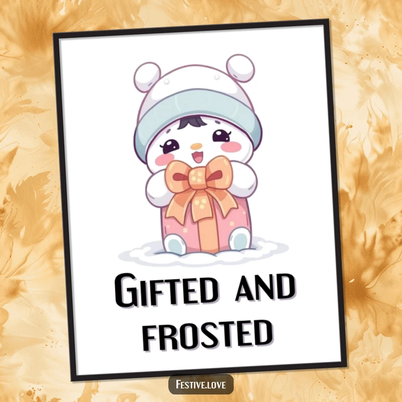 Funny Free Printable Wall Art: Cute snow character excitedly unwrapping a gift with a big bow, cheerful winter scene.