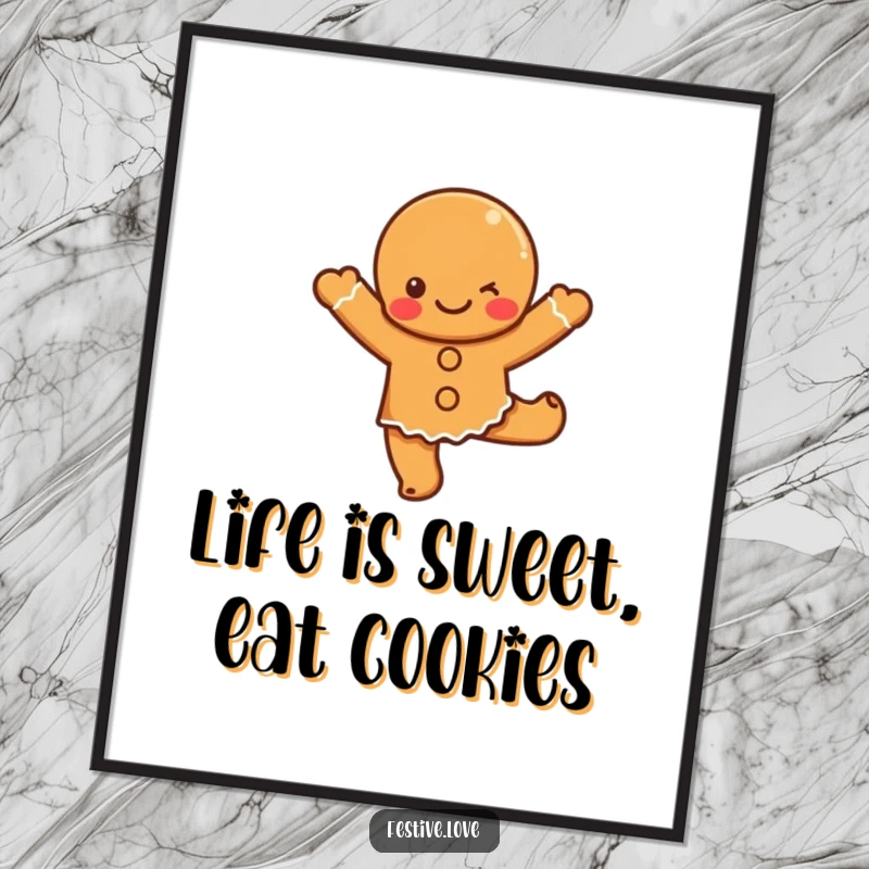 Funny Free Printable Wall Art: A cute gingerbread character is shown doing a lively, happy dance, full of festive spirit.