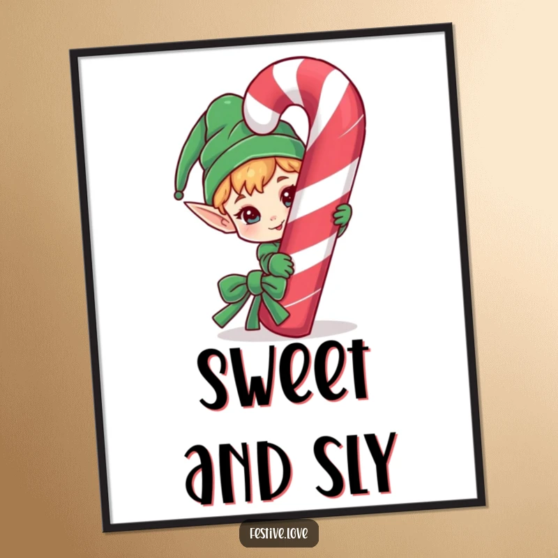Funny Free Printable Wall Art: Mischievous elf character peeking from behind a giant candy cane, playful, sweet treat.