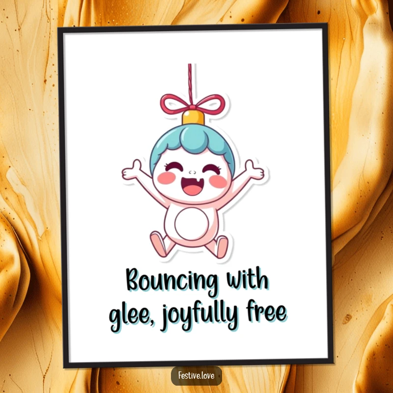 Funny Free Printable Wall Art: Adorable kawaii ornament character depicted bouncing with infectious excitement, bringing playful energy.