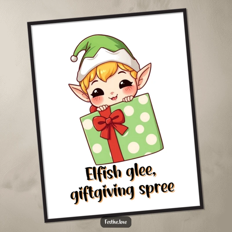Funny Free Printable Wall Art: A mischievous kawaii elf with a wide grin hides behind a giant gift, perfect for playful decor.