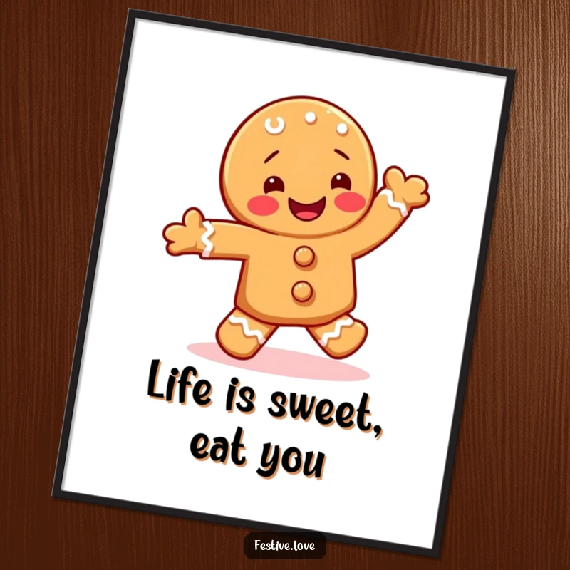 Funny Free Printable Wall Art: Happy gingerbread cookie character doing a joyful jig, dancing with delight, sweet food.