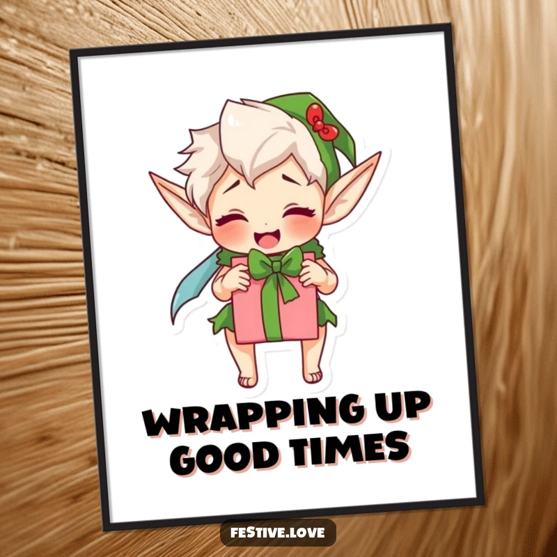 Funny Free Printable Wall Art: An excited elf character diligently wrapping a present, bringing humorous holiday vibes and downloadable workshop charm to any space.