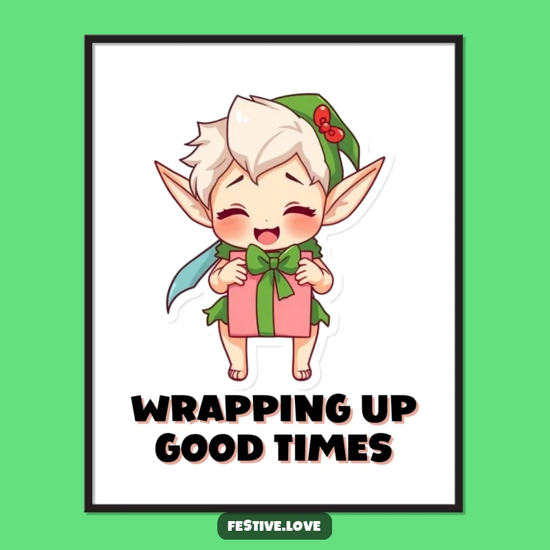 Free Printable Wall Art: Humorous Elf Wrapping Present, Funny Downloadable Decor for Home