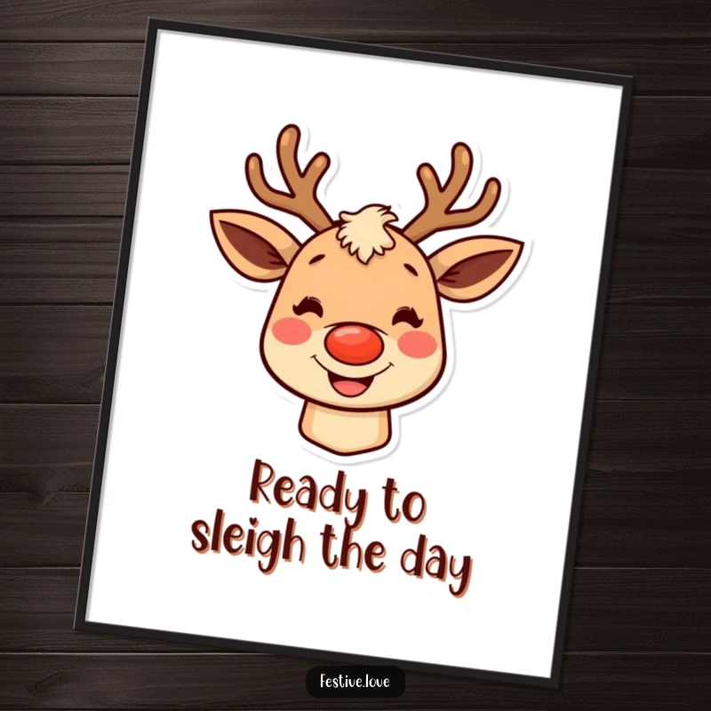 Funny Free Printable Wall Art: A cheerful reindeer character with rosy cheeks and a big grin, bringing festive and humorous vibes with downloadable decor.