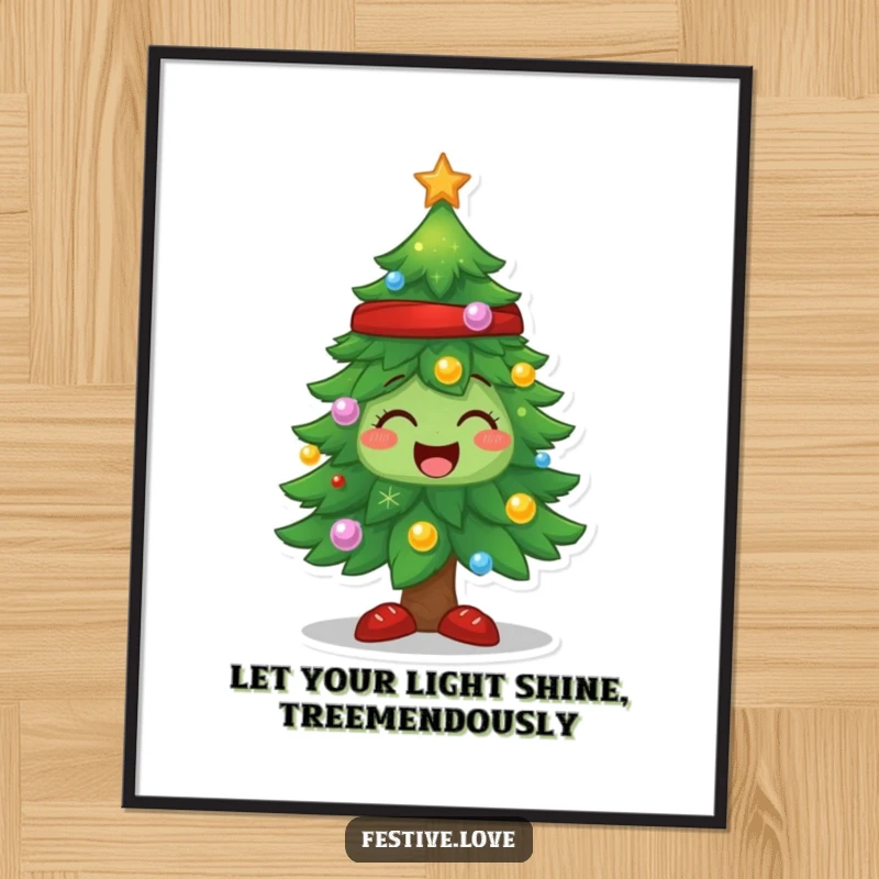 Funny Free Printable Wall Art: A Christmas tree character sparkling with immense joy, bringing festive and humorous holiday vibes with downloadable decor.