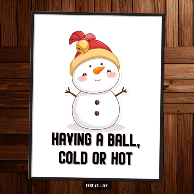 Funny Free Printable Wall Art: A whimsical snowman character wearing a jingly bell hat, bringing humorous winter vibes and downloadable cheer to any room.
