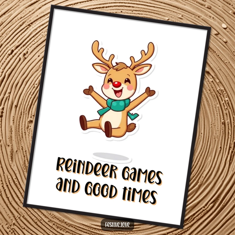 Funny Free Printable Wall Art: A cheerful reindeer captured mid-leap, exuding pure happiness and energy.