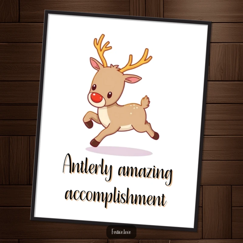Funny Free Printable Wall Art: An adorable kawaii reindeer with twinkling antlers is prancing gleefully.