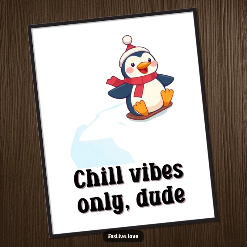 Funny Free Printable Wall Art: Festive penguin character sliding down an icy hill with pure glee, action shot.