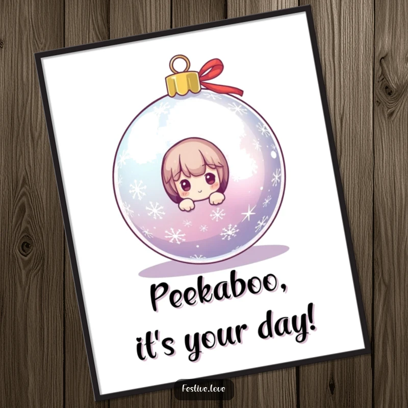 Funny Free Printable Christmas Wall Art: A tiny character peeks playfully from behind a giant, twinkling Christmas ornament, creating festive art.