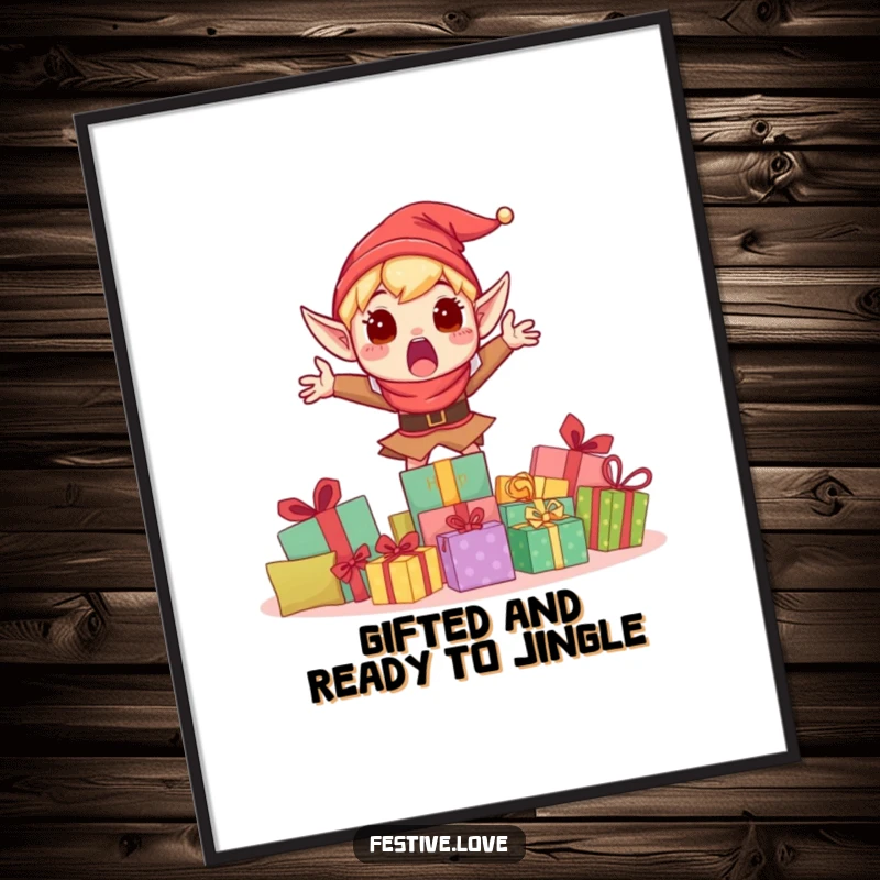 Funny Free Printable Elf Wall Art: An elf peeking with surprise and excitement from behind a massive stack of brightly wrapped gifts.