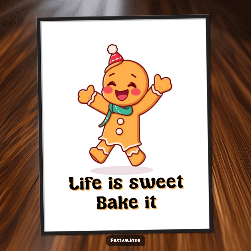 Funny Free Printable Wall Art: A happy gingerbread man in mid-dance, giggling with festive energy.