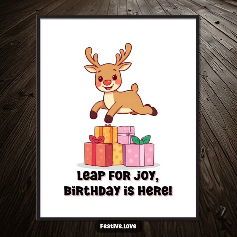 Funny Free Printable Wall Art: Reindeer mid-leap over a pile of presents, bringing cheerful energy and holiday spirit to any room.