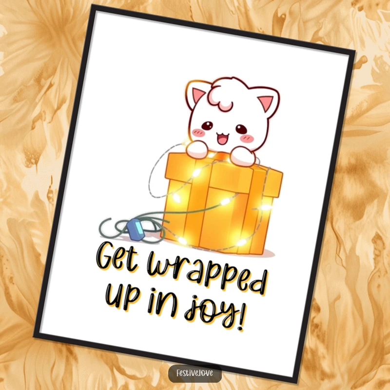 Funny Free Printable Wall Art: Bright, blinking string light character playfully wraps around a gift box, adding festive cheer and playful energy.