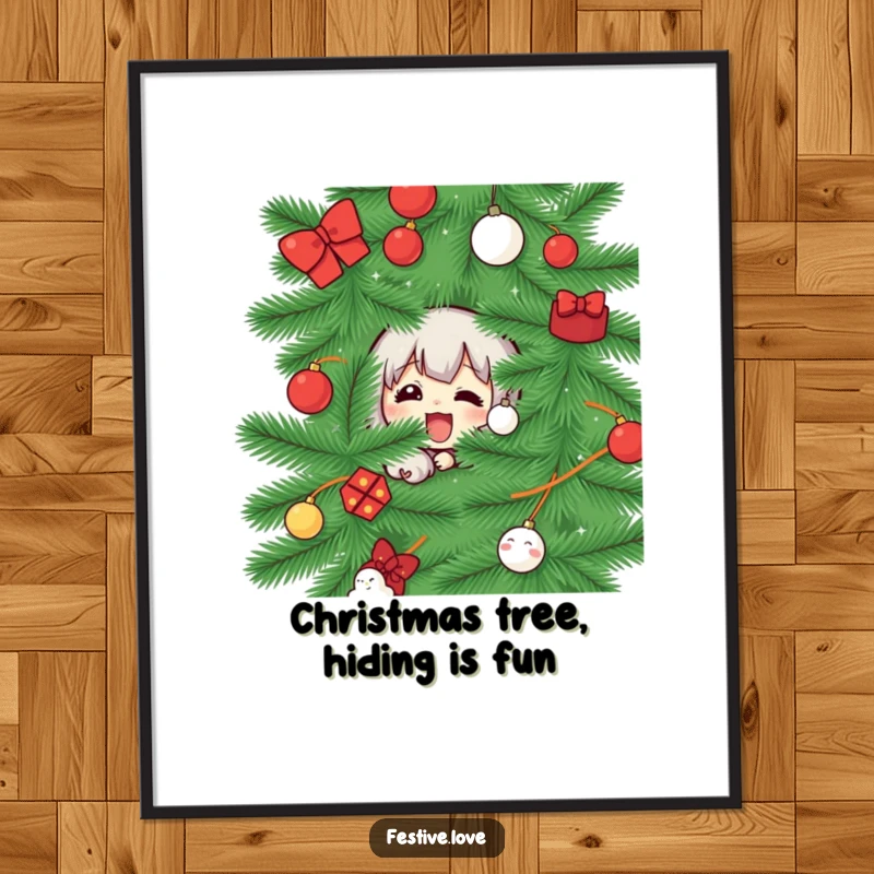 Funny Free Printable Wall Art: A character excitedly peeks from behind a decorated Christmas tree, adding a touch of playful mystery.