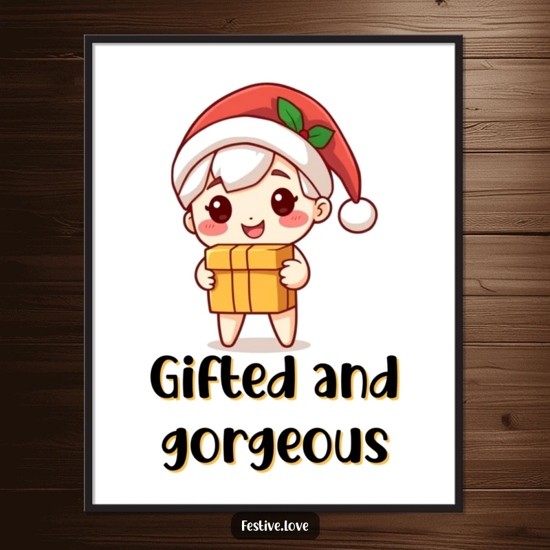 Funny Free Printable Wall Art: Adorable Santa character in a hat, grinning widely while holding a gift box, perfect for festive decor.