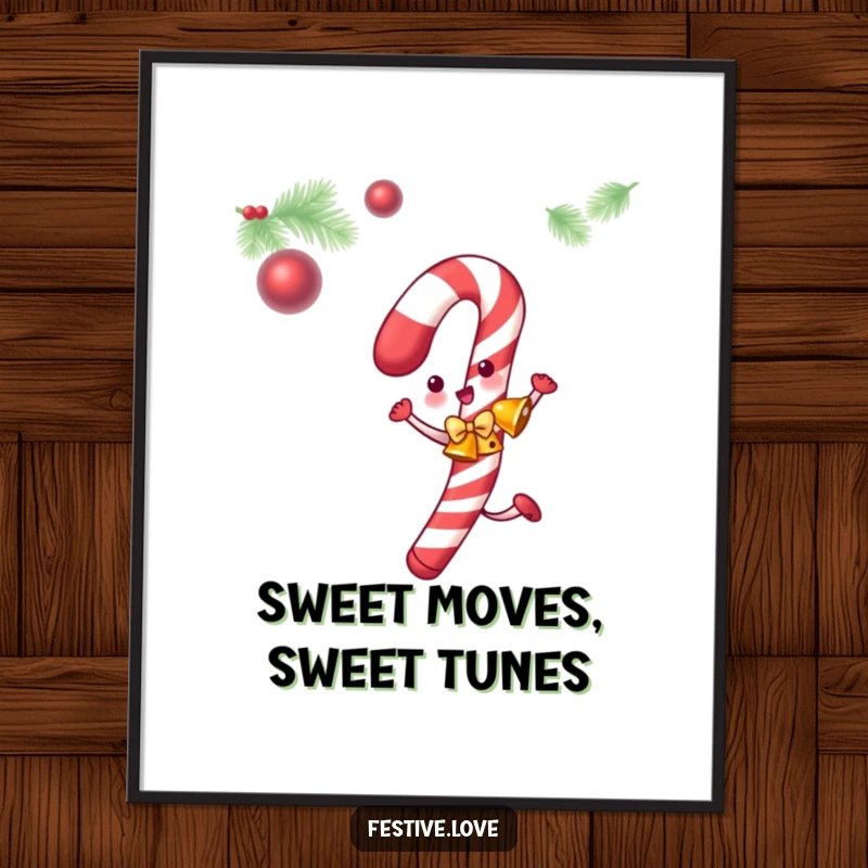 Funny Free Printable Wall Art: Dancing candy cane wearing jingle bells, wiggling with festive energy.