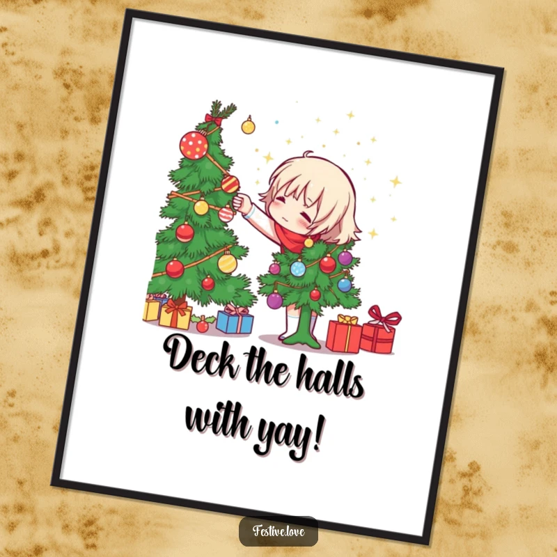 Funny Free Printable Wall Art: A cheerful character actively decorating a Christmas tree, tossing sparkly ornaments.